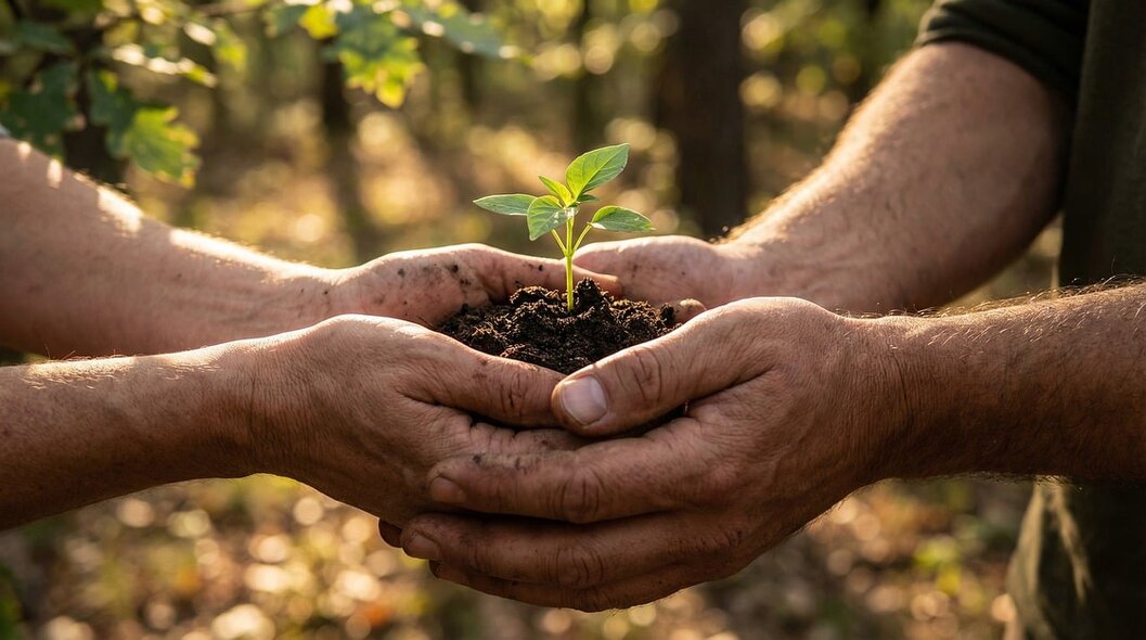 Farmer holding rich, dark soil in their hands